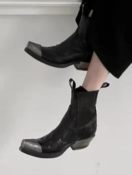 Зима 2023 года, Новые женские ковбойские сапоги в стиле панк-ретро с квадратным носком и коротким бочком на толстом каблуке.
