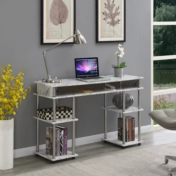 Студенческий стол Designs2Go Без Инструментов, Белый Искусственный Мрамор / Серебряные Столбы