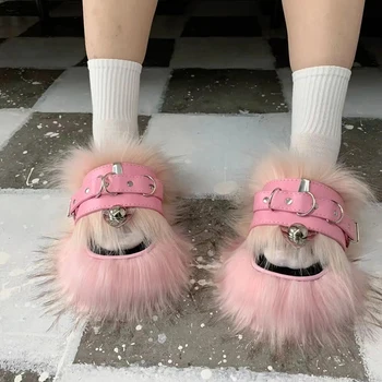 2022 Новая индивидуальность в стиле панк Розовые меховые туфли Флип-флоп с толстой подошвой и пряжкой для ремня