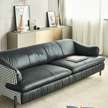 /Кожаный диван /светлая роскошная минималистичная гостиная с тремя сиденьями из натуральной кожи/