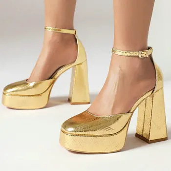 Золотисто-серебряные блестящие сандалии для вечеринок, свадебные туфли-лодочки на толстом каблуке, Летние женские туфли на платформе с закрытым носком, босоножки на высоком каблуке
