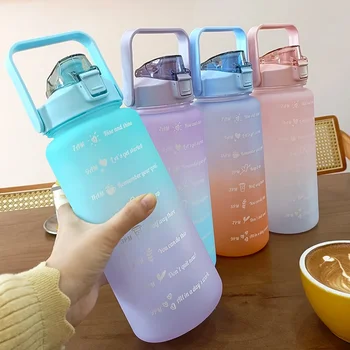 Бутылка для воды объемом 2 л, бутылка для питья, спортивная чашка для воды с наклейками с отметкой времени, Портативный Многоразовый Пластиковый стаканчик, чайник большой емкости