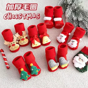 Новые модные детские Рождественские носки для пола, Шерстяной круг, Утолщенные Носки для новорожденных с мультяшной новогодней красной куклой