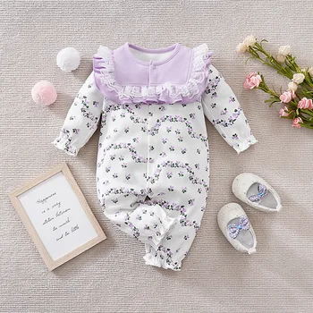 Дизайнерский комбинезон с длинными рукавами из 100% хлопка фиолетового цвета с длинными рукавами и цветочным рисунком на 0-12 месяцев для новорожденных с весенним и летним воротником