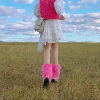 Женские винтажные Розово-красные Пушистые гетры, зимняя теплая обувь из искусственного меха в стиле Харадзюку, манжеты, чехлы, Длинные Носки, Уличная одежда
