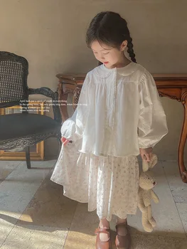 Корейская блузка для девочек, комплект из юбки-полукомбинезона, детская весенне-осенняя кукольная рубашка с длинным рукавом, блузка-полукомбинезон для девочек, одежда для маленьких девочек