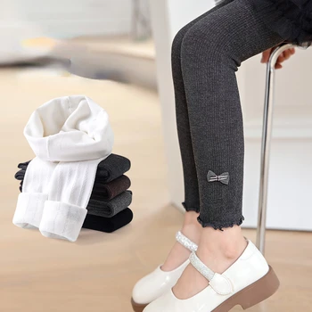 Флисовые леггинсы для девочек, детские полосатые брюки с бантиком-бабочкой, осенне-зимние хлопчатобумажные брюки 2023 года, детская одежда в корейском стиле от 2 до 8 лет