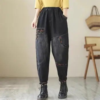 Джинсы Осенние женские 2023 Новые Свободные брюки Harlan с эластичной резинкой на талии контрастного цвета, винтажные повседневные джинсовые брюки Z2618