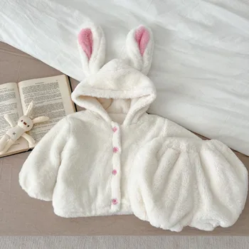 Зимний комплект с плюшевым кроликом HoneyCherry для маленькой девочки, милая теплая модная меховая одежда для маленьких девочек