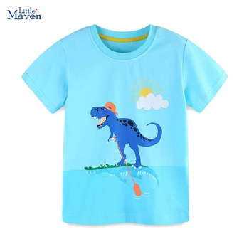 Топы Little maven 2024, детская одежда, новые блузки для маленьких мальчиков, синие футболки для детской одежды из хлопка с динозаврами из мультфильмов