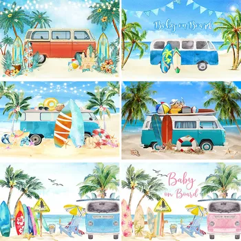 Mocsicka Летний пляжный фон для фотосъемки, доска для серфинга, автомобиль, Пальма, портрет ребенка на берегу моря, Фотофон, Студийная фотобудка