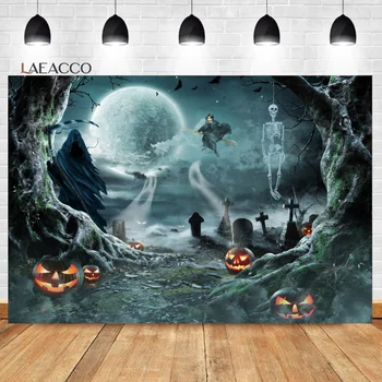 Laeacco Фон для фотосъемки на Хэллоуин, Страшные Ночные Тыквы, Полная Луна, Жуткие Ведьмы, Летучие мыши, Кладбище, Ребенок, Детский портретный фон