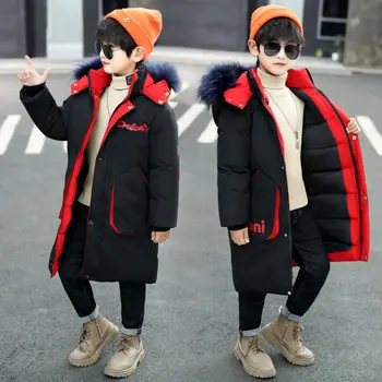 Хлопчатобумажная одежда с меховым воротником и капюшоном для мальчиков, с буквенным принтом, из утолщенного плюша средней длины, Теплая Корейская зима 2023, 5-12 лет