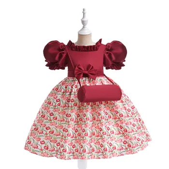 Платье с цветочным принтом вишни для девочек с воротником-мешочком и рюшами, Детские хлопковые повседневные платья, детская одежда от 2 до 8-10 лет