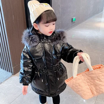 Детские зимние пальто на утином пуху с капюшоном для девочек, детские толстые непромокаемые парки, тонкие теплые куртки в корейском стиле для малышей.