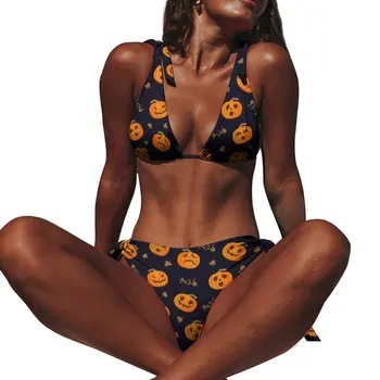 Сексуальный забавный комплект бикини с оранжевой тыквой на Хэллоуин, купальник-бикини, пуш-ап, милые купальники, изготовленные на заказ женские бикини, пляжная одежда