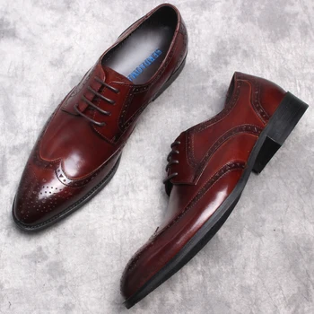 Мужские бордовые черные мужские деловые туфли из натуральной кожи итальянского дизайна, мужские оксфордские туфли-броги ручной работы