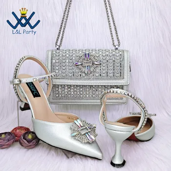Новейшие удобные туфли на каблуке в стиле досуга, новые поступления, женские туфли и сумка в комплекте серебристого цвета, туфли-лодочки для свадебной вечеринки.