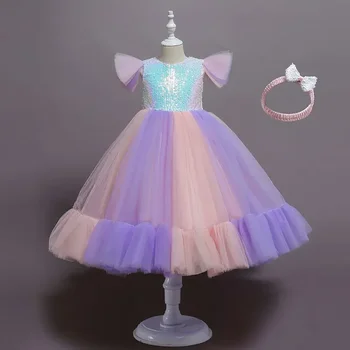 Модное платье с блестками для девочек, Кружевное бальное платье без рукавов для девочек, Летняя детская одежда, вечерние платья для девочек 2-10 лет