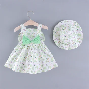 Комплект из 2 предметов, пляжное платье и шляпка для девочки, летнее платье с бантом от 0 до 3 лет, прохладное и мягкое подвесное милое детское платье