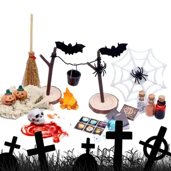 Миниатюры кукольного домика на Хэллоуин, Набор игрушек ужасов на Хэллоуин с тыквенными черепами, головами, фигуркой летучей мыши, 27 предметов, мини-сад на Хэллоуин