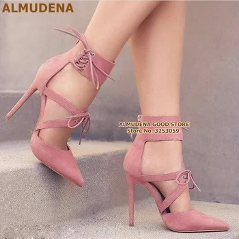 ALMUDENA/ Розово-серые туфли-лодочки на высоком каблуке со шнуровкой, Очаровательные Открытые модельные туфли С острым носком, Свадебные туфли-лодочки на шпильке, Большой Размер