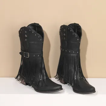 Женские ботинки до середины икры, Осенняя мода, ковбойский стиль в западном стиле, Винтажная пряжка на ремне, Ботинки на толстом квадратном каблуке с кисточками, Женская зимняя повседневная обувь