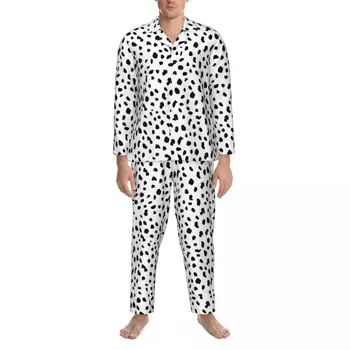 Пижама с принтом Далматинской собаки, Мужская Черно-белая Милая Мягкая пижама для комнаты, Осенний Повседневный Свободный домашний костюм Оверсайз из двух частей