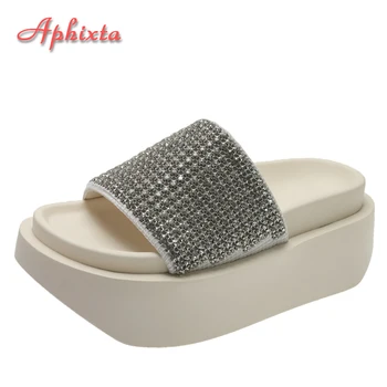 Aphixta Diamonds/ Летние тапочки на платформе 8 см, женские босоножки на толстой подошве-лодочке, украшенные кристаллами, крутые слайды для обуви
