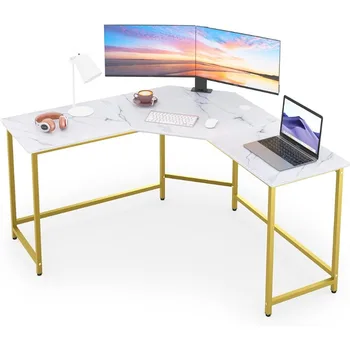 Компьютерный стол L-образной формы, угловой стол для домашнего офиса, игровой стол для ПК, стол для ноутбука с просторным рабочим столом (белый мрамор и золото)